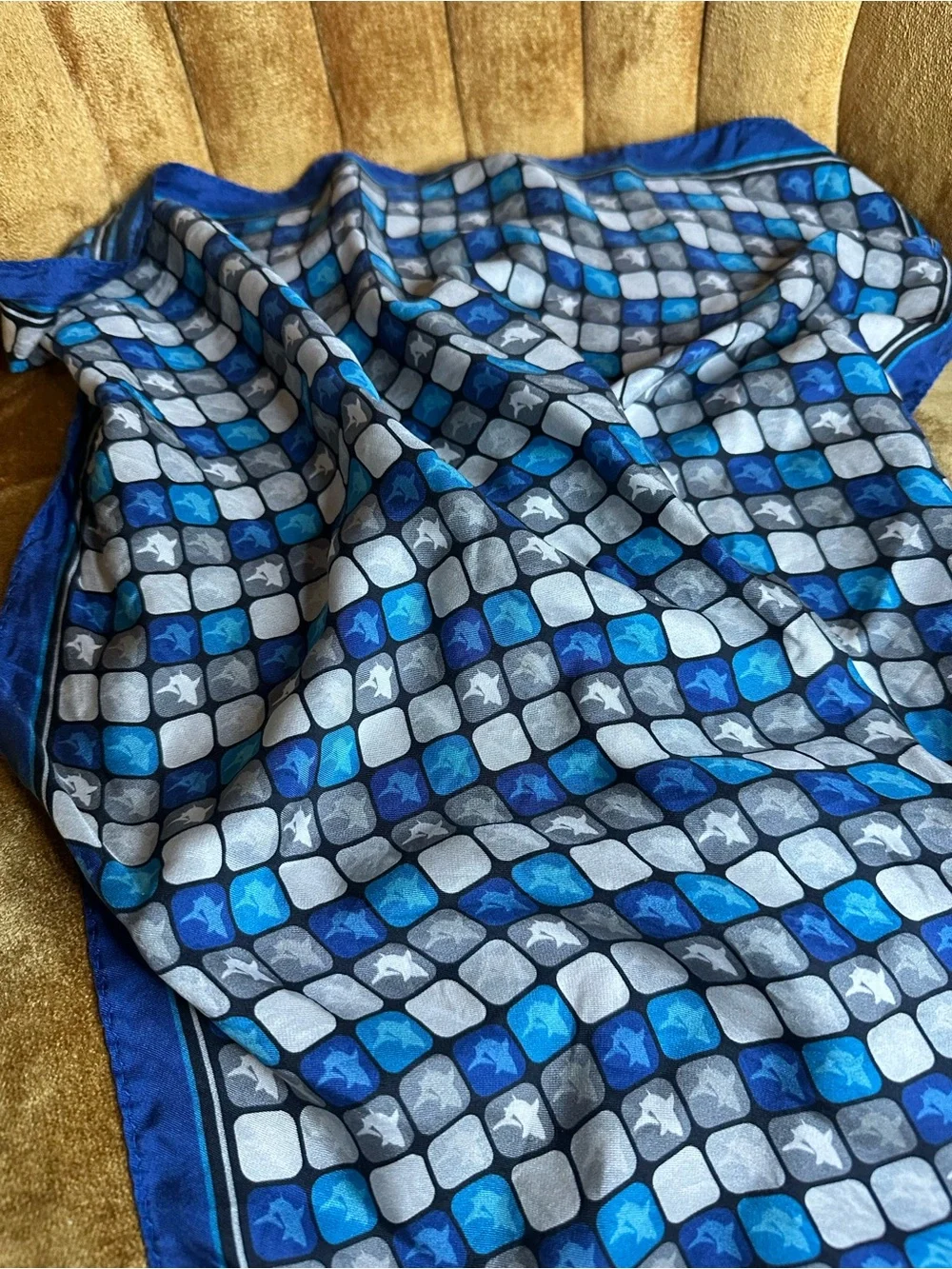 Vintage Geometric Silk Dolphin Scarf Handmade 100% Silk
